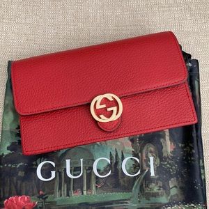 GG Red Leather Wallet on Chain
